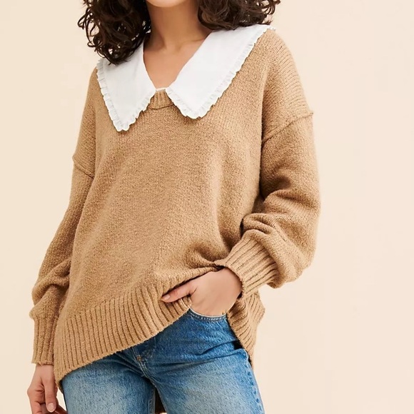 Free People Brookside Oversized Deep V-Neck Camel Knit Slouchy Tunic Sweater - Picture 2 of 8